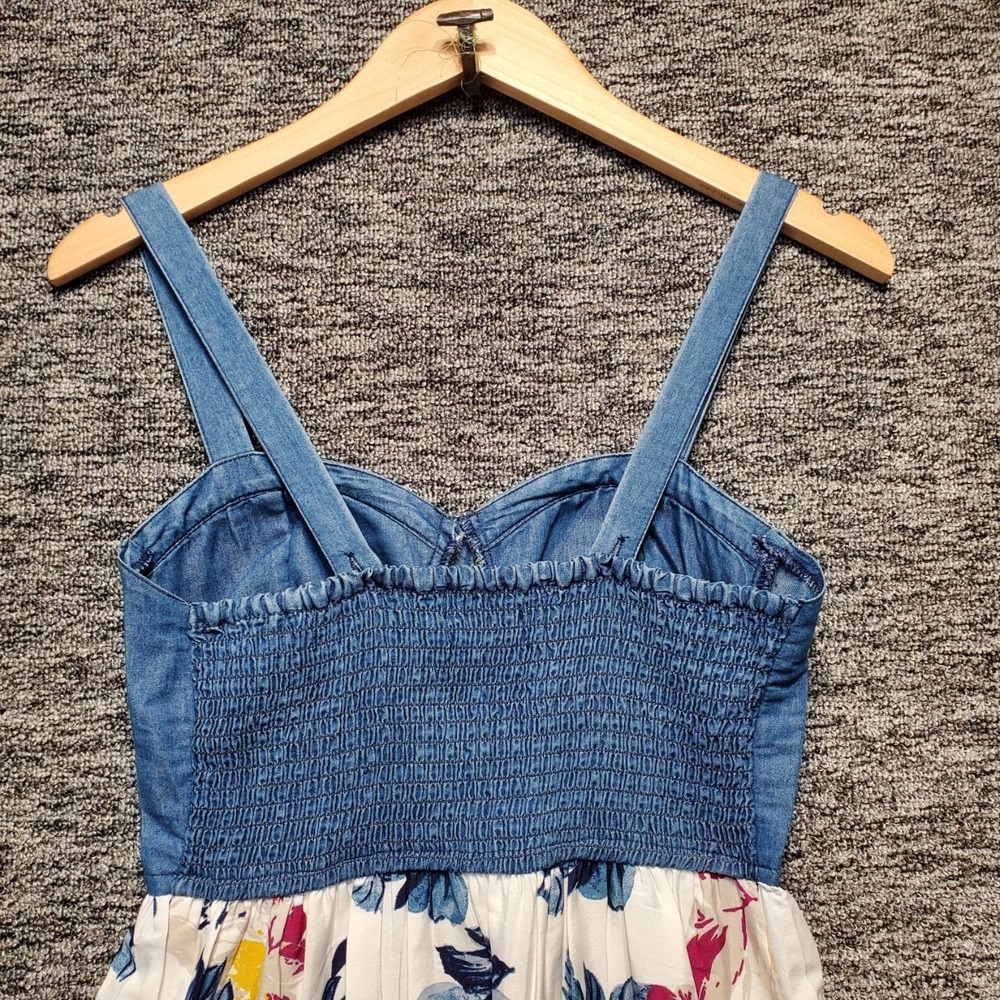 Band of the Free Midi Dress Women XS Ivory Blue Denim Floral Bustier Cottagecore - Picture 8 of 14